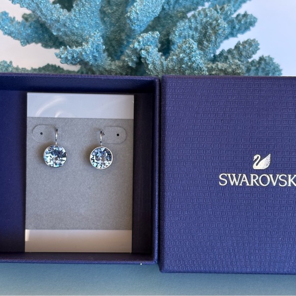 Authentic Swarovski MINI Bella Blue Crystal Bezel Rhodium Lever Back Earrings - Picture 3 of 16